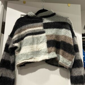 Free People Gray and Cream Crew Neck Sweater